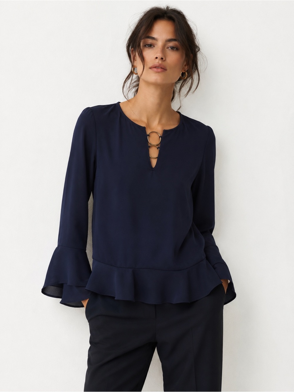 Michael Kors Navy Ring-Detail Long-Sleeve Ruffle Blouse